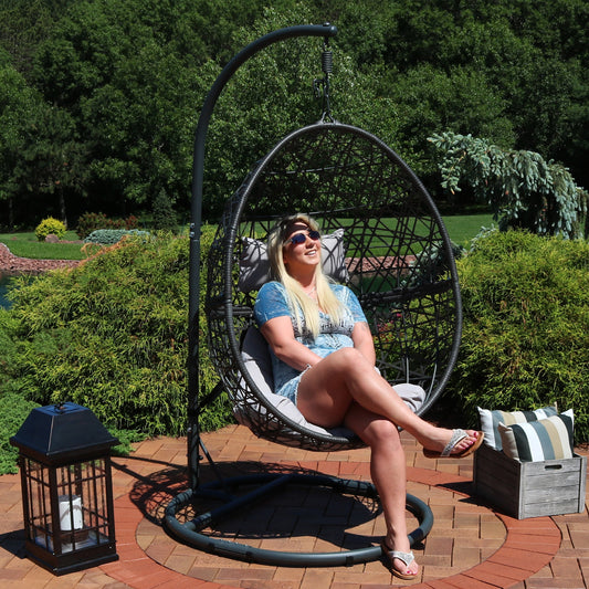 Sunnydaze Gray Caroline Hanging Egg Chair with Stand - Resin Wicker