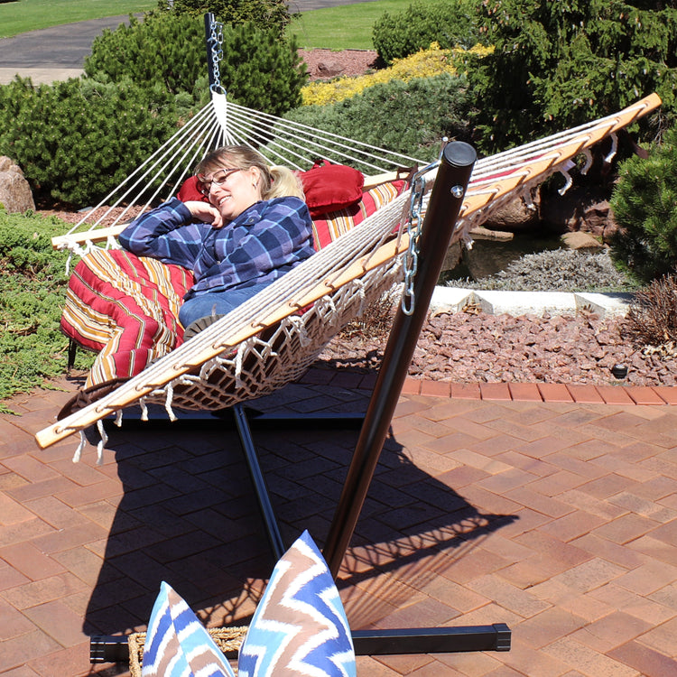 Sunnydaze Cotton Rope Hammock with 12-Foot Stand - Pad & Pillow