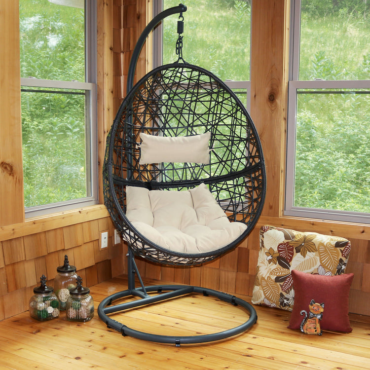 Sunnydaze Caroline Hanging Egg Chair with Stand - Resin Wicker - Beige Cushions