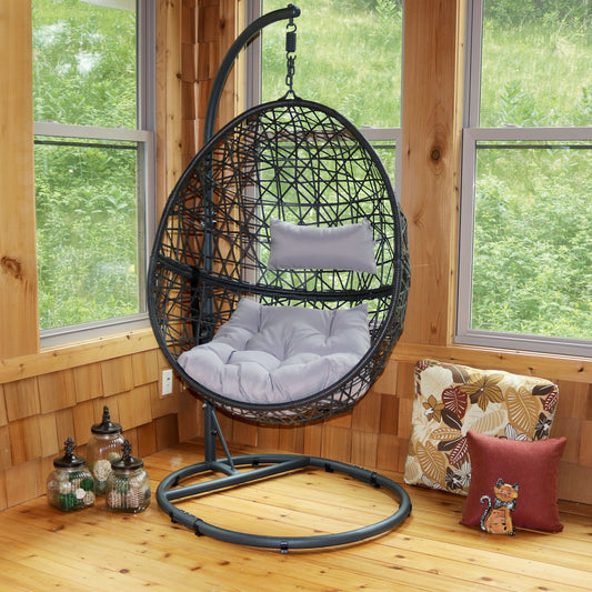 Sunnydaze Gray Caroline Hanging Egg Chair with Stand - Resin Wicker