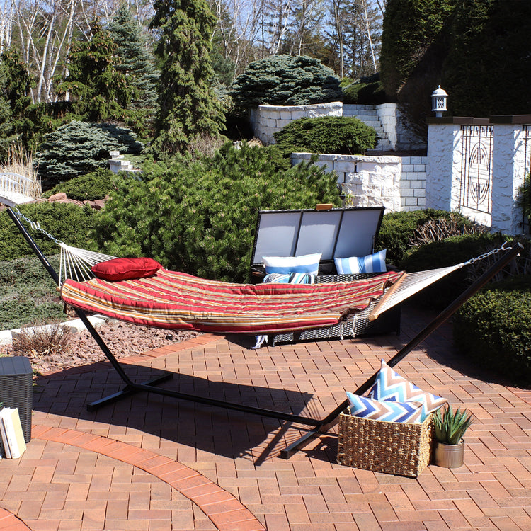Sunnydaze Cotton Rope Hammock with 12-Foot Stand - Pad & Pillow