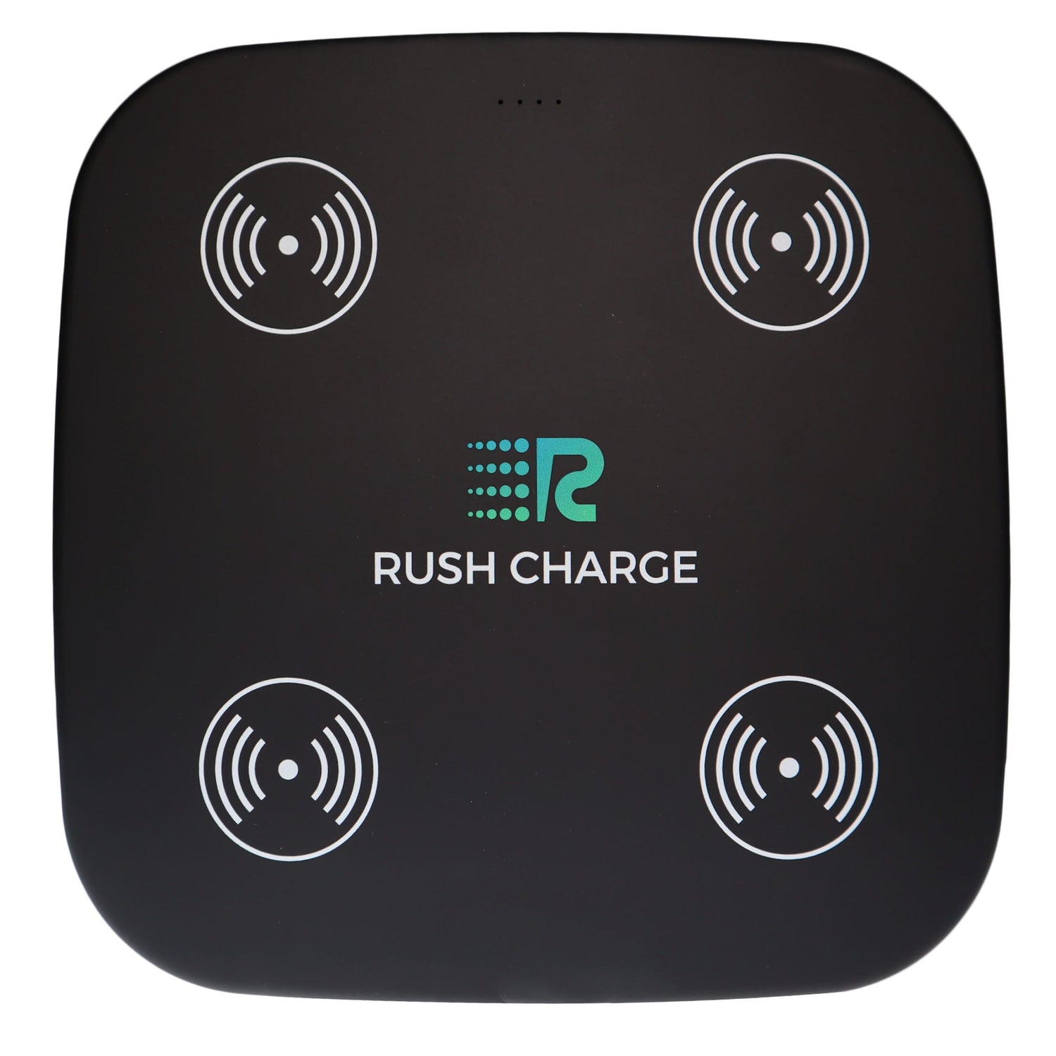 Black square device with 'Rush Charge' logo on a white background