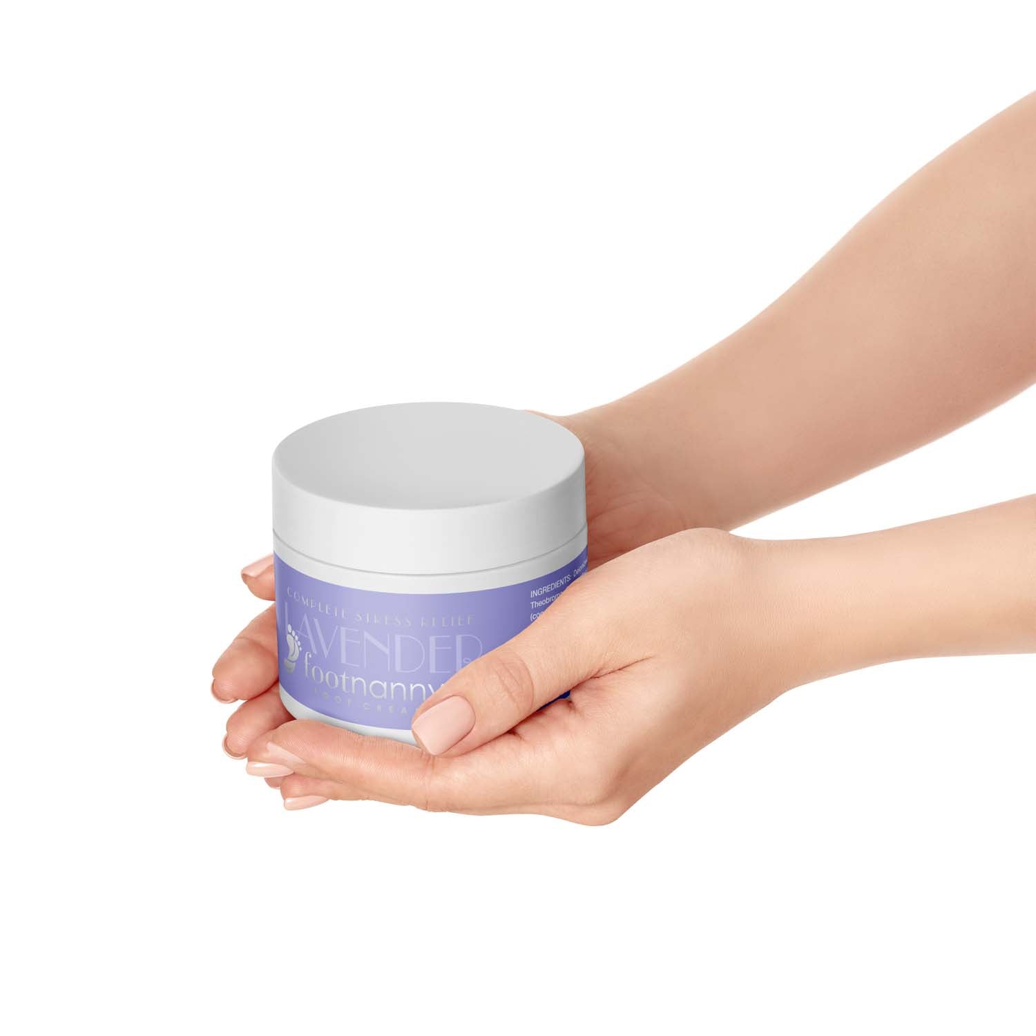 Hand holding a purple jar with a white lid on a white background