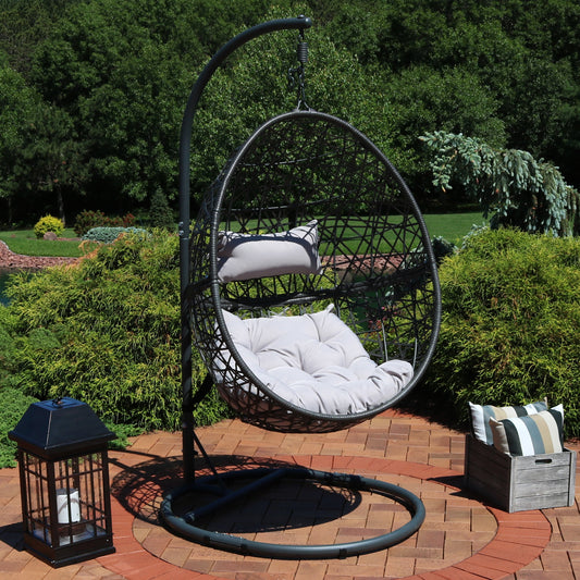 Sunnydaze Gray Caroline Hanging Egg Chair with Stand - Resin Wicker