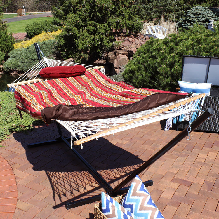 Sunnydaze Cotton Rope Hammock with 12-Foot Stand - Pad & Pillow