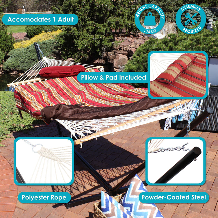 Sunnydaze Cotton Rope Hammock with 12-Foot Stand - Pad & Pillow