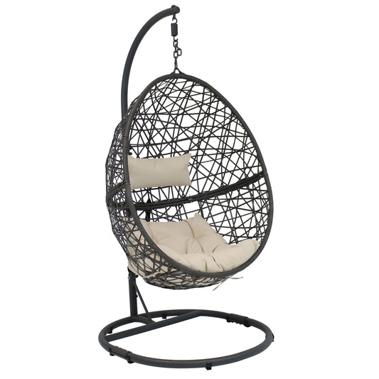 Sunnydaze Caroline Hanging Egg Chair with Stand - Resin Wicker - Beige Cushions