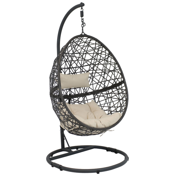 Sunnydaze Caroline Hanging Egg Chair with Stand - Resin Wicker - Beige Cushions