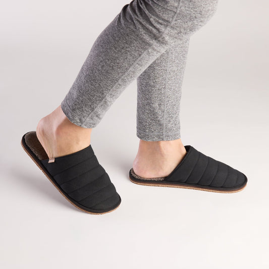 Pair of black slippers with quilted design on a white background