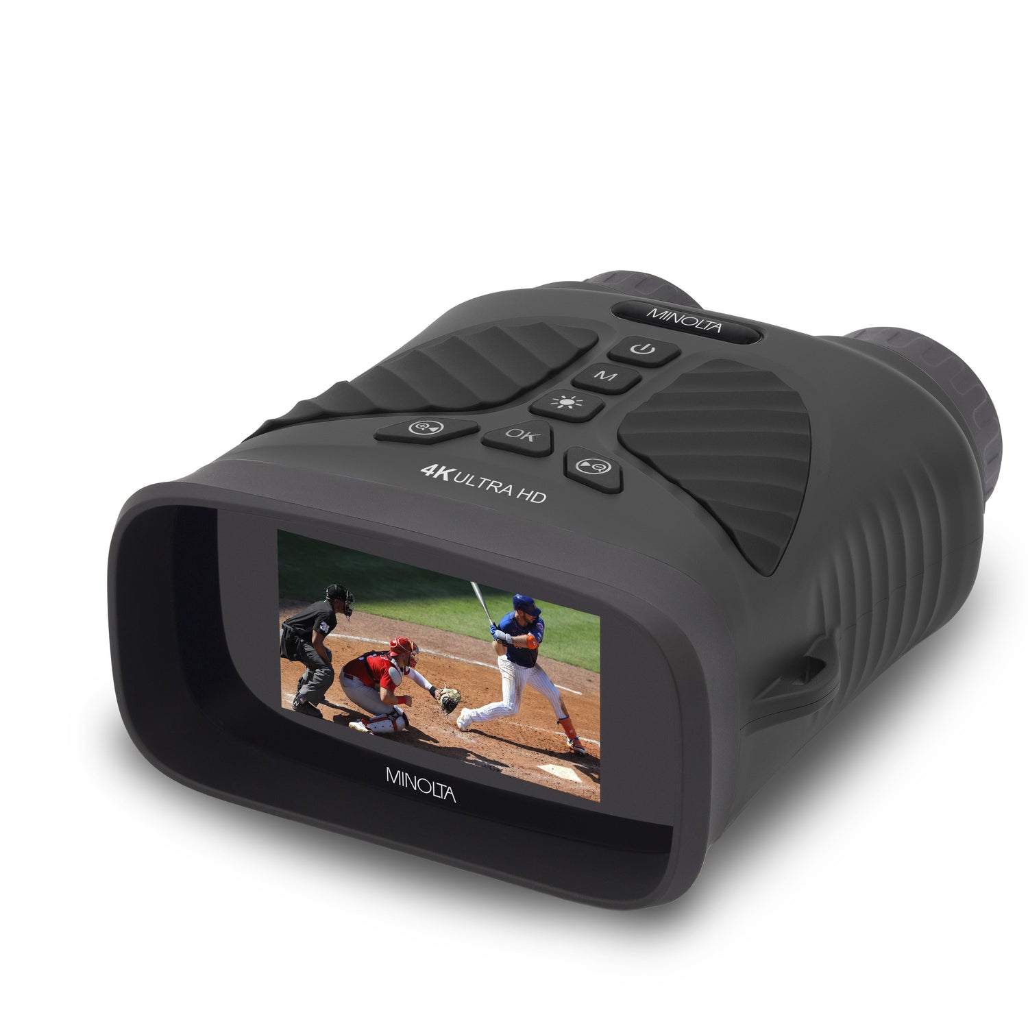 Black night vision device displaying a baseball game on screen with 'Minolta' branding.