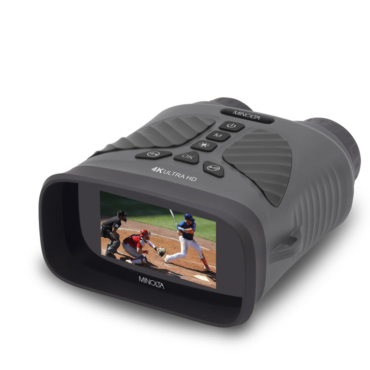 Gray Minolta 4K Ultra HD camera with screen displaying a baseball game on a white background