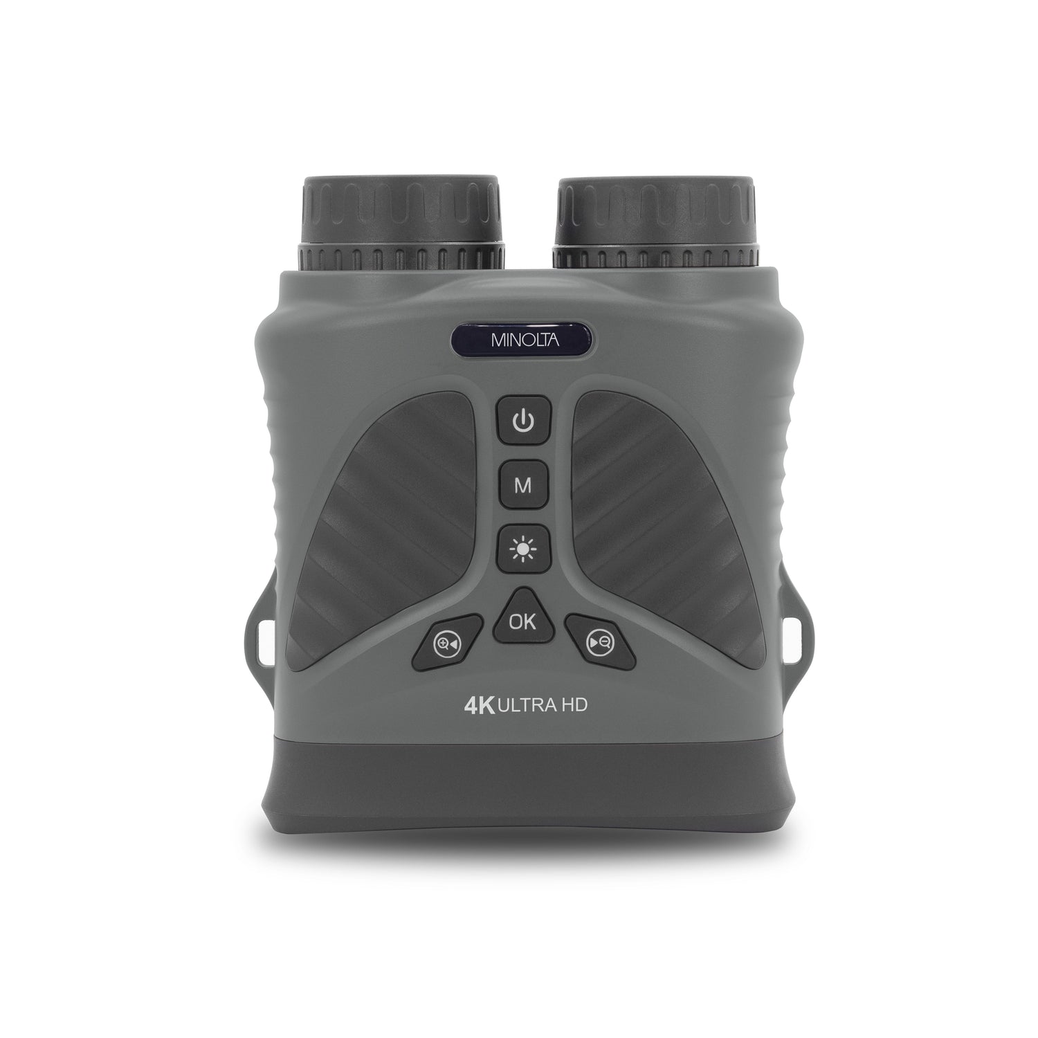 Gray Minolta 4K Ultra HD binoculars on a white background