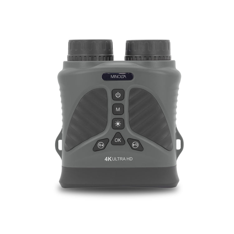 Gray Minolta 4K Ultra HD binoculars on a white background