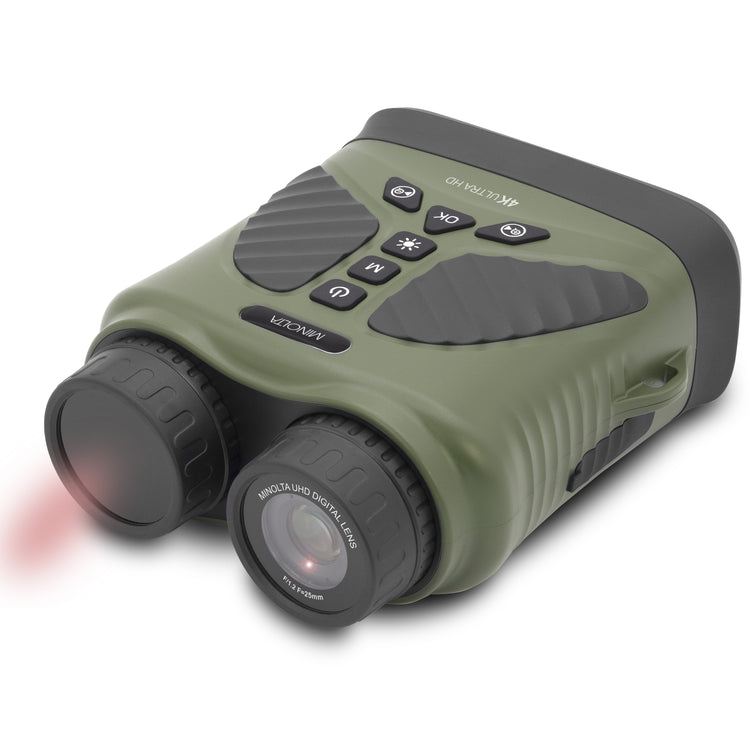 Green binoculars with laser pointer on a white background