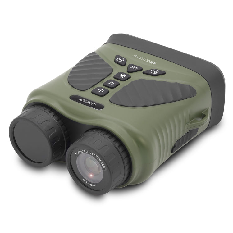 Green and black binoculars with digital laser range finder on a white background
