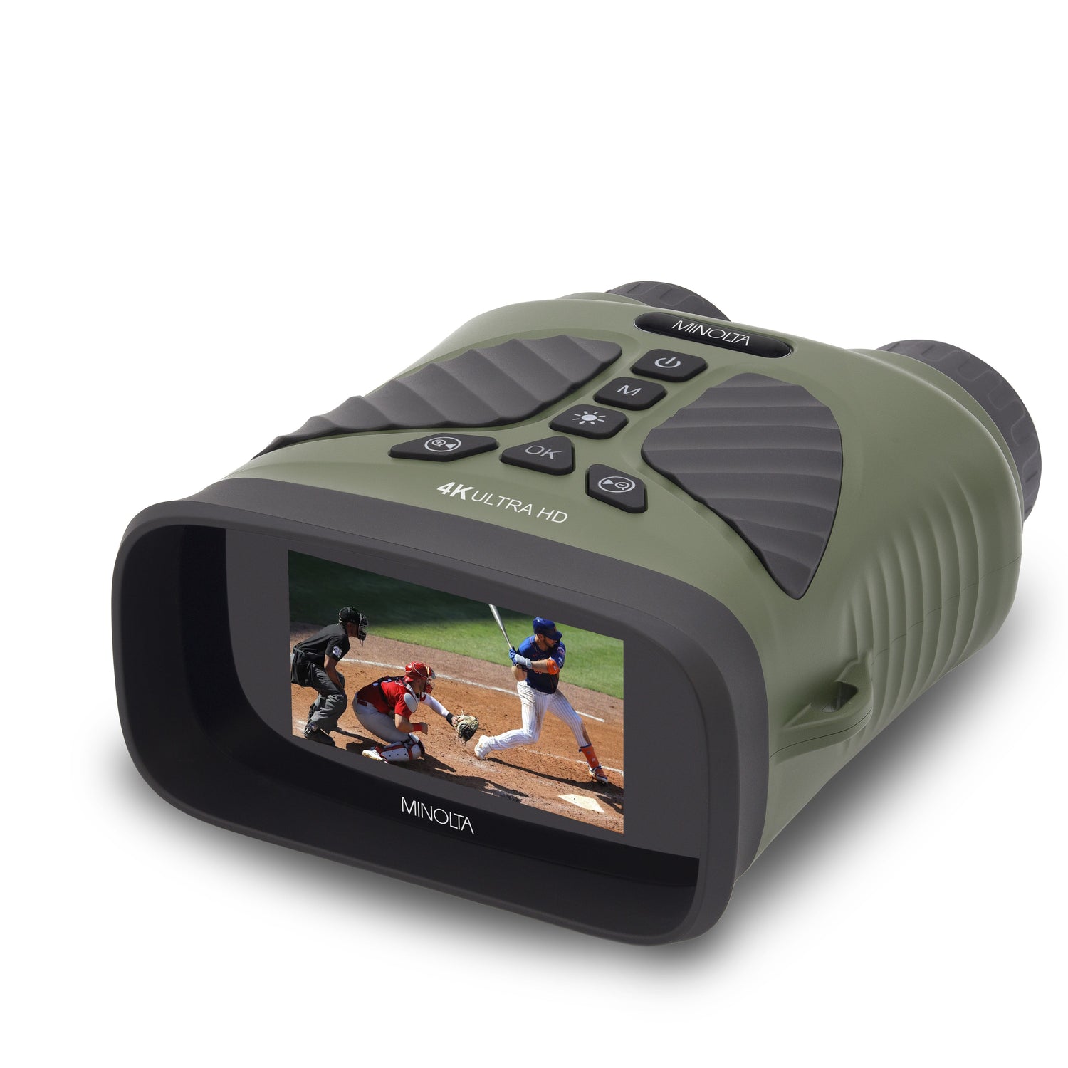 Green and black Minolta digital device displaying a baseball game on screen