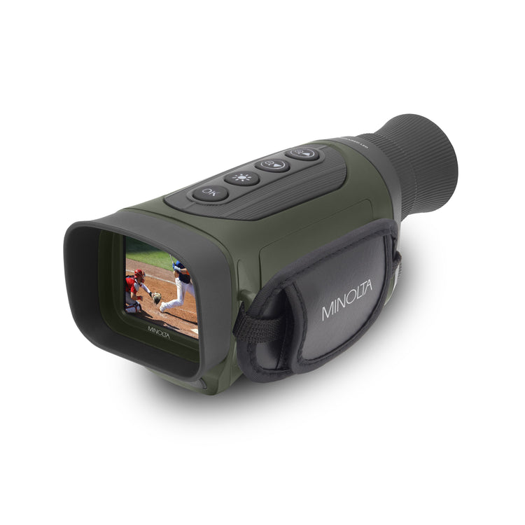 Minolta camera with a screen displaying a baseball game on a white background