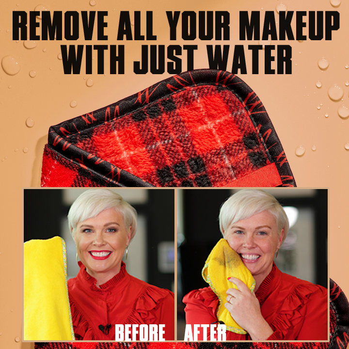 Product advertisement showing a red and black checkered towel with text 'Remove all your makeup with just water' and a 'Before' and 'After' comparison of a woman using the towel.