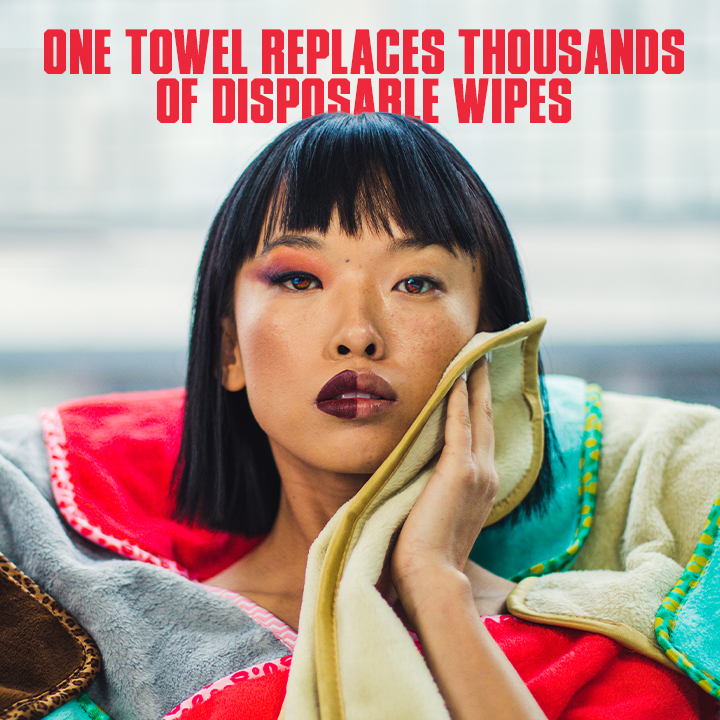 Person holding a towel with text about replacing disposable wipes