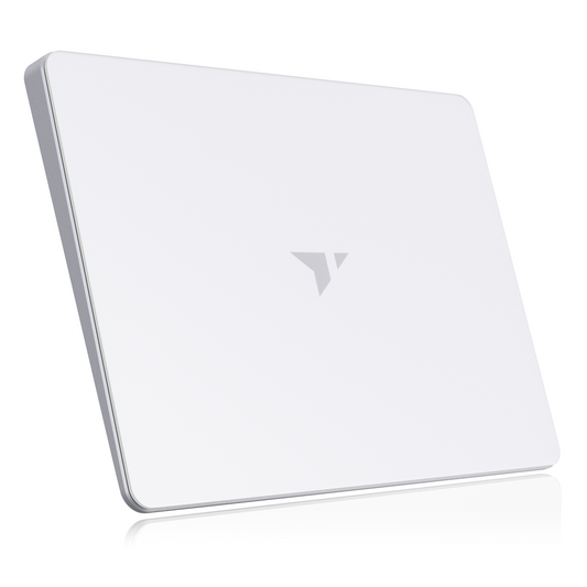 White electronic device with a logo on a white background