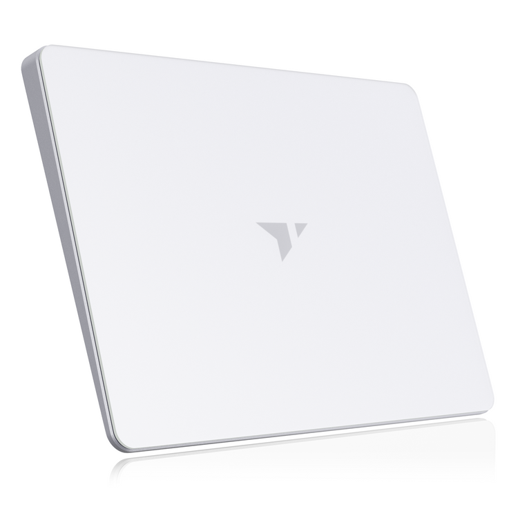 White electronic device with a logo on a white background