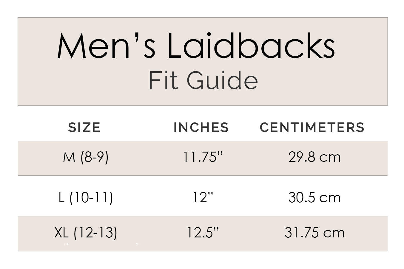 Men's Laidbacks Fit Guide with size measurements in inches and centimeters