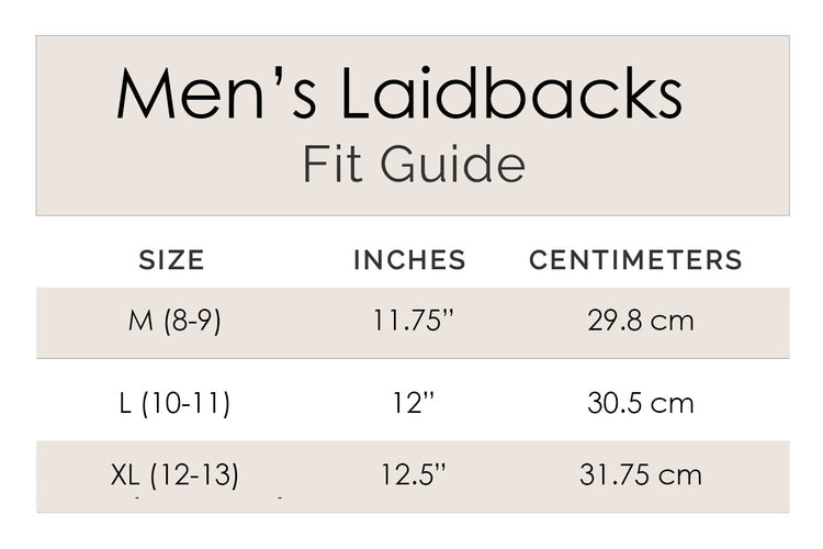 Men's Laidbacks Fit Guide with size measurements in inches and centimeters