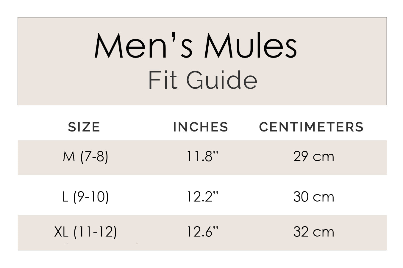Men's Mules Fit Guide with size measurements in inches and centimeters