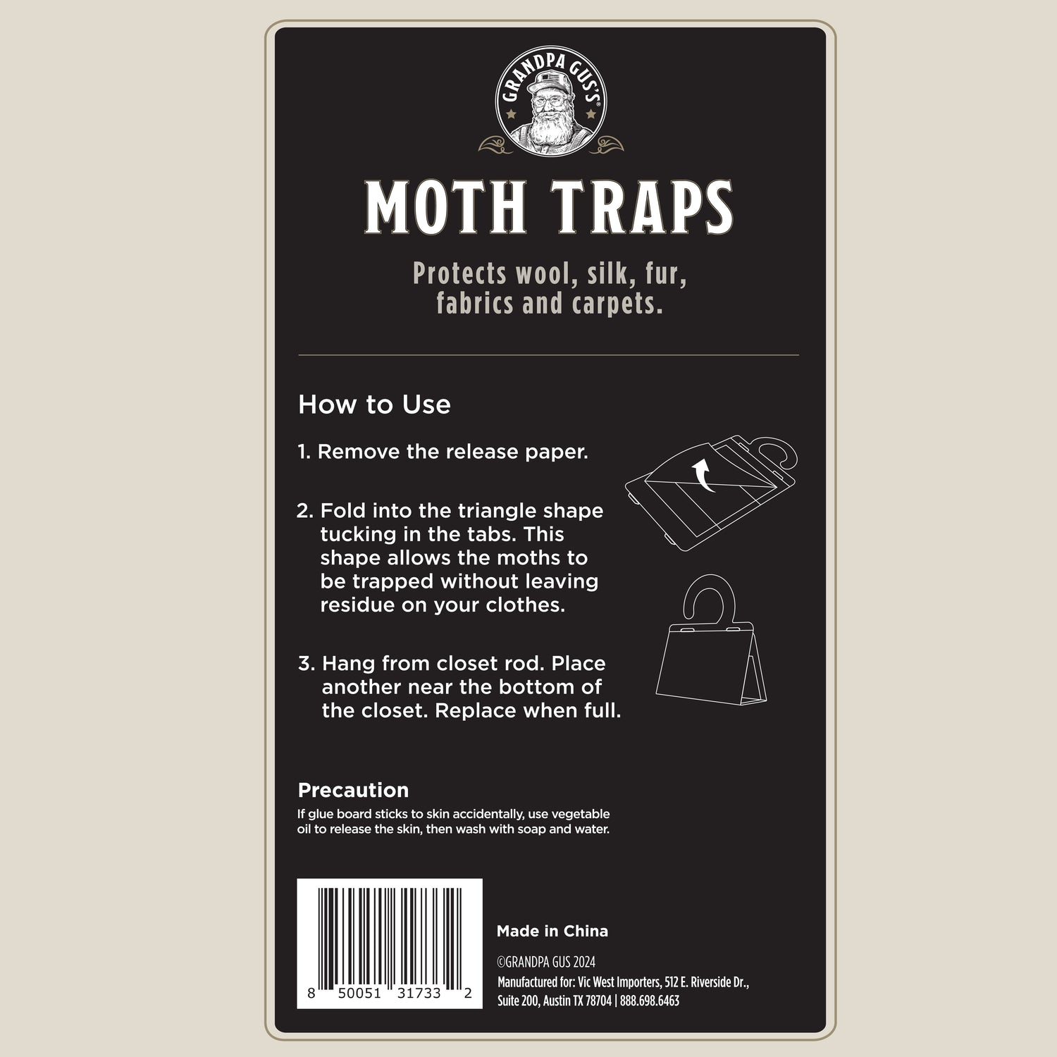 Moth trap packaging with usage instructions and brand logo on a beige background