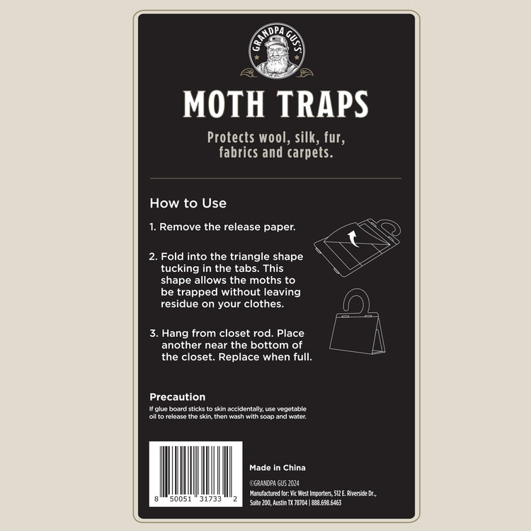 Moth trap packaging with usage instructions and brand logo on a beige background