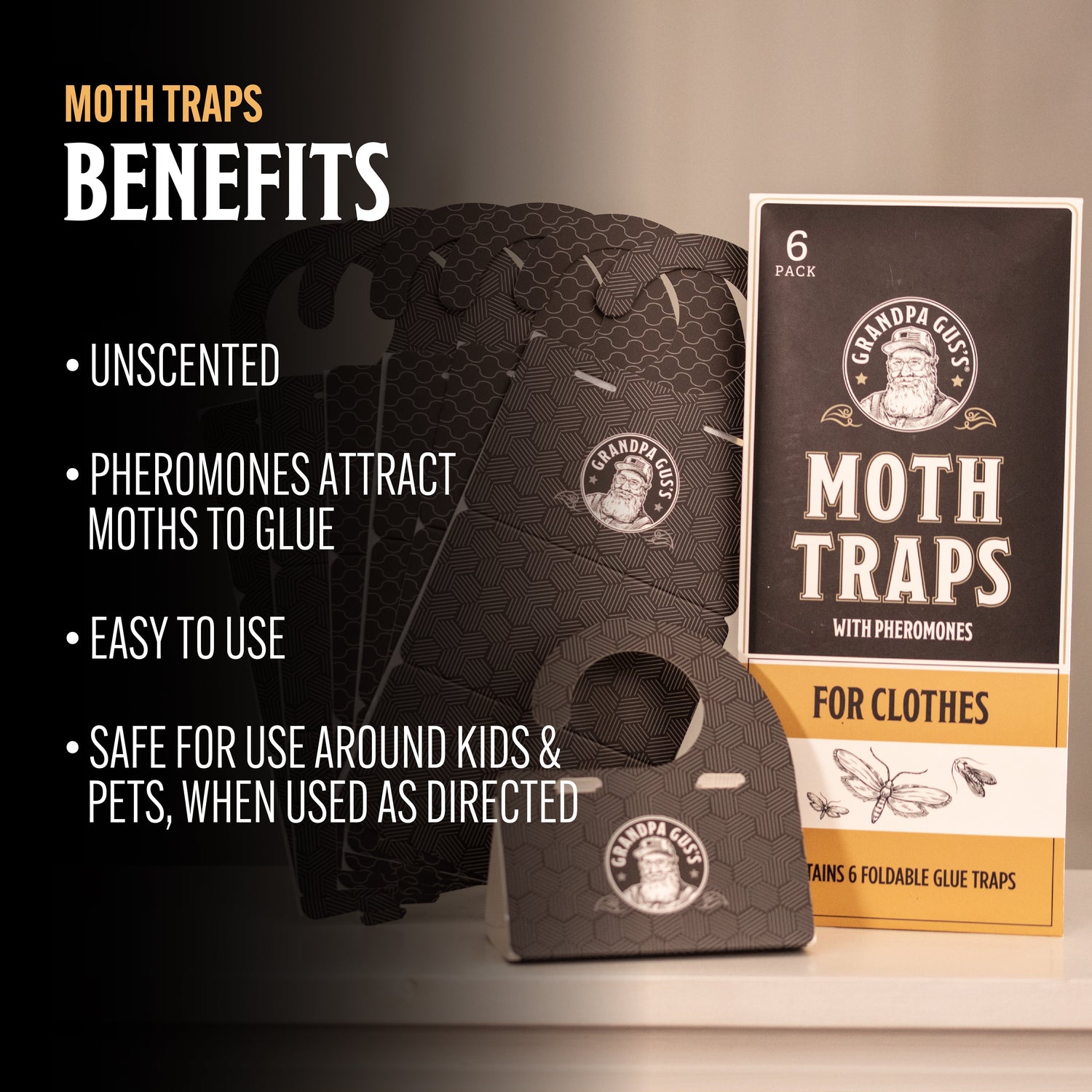 Grandpa Gus's moth traps with packaging on a dark background