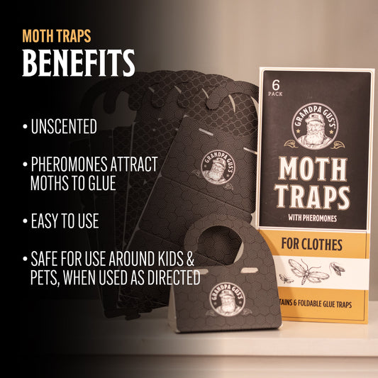 Grandpa Gus' moth traps packaging with a black trap on a white background