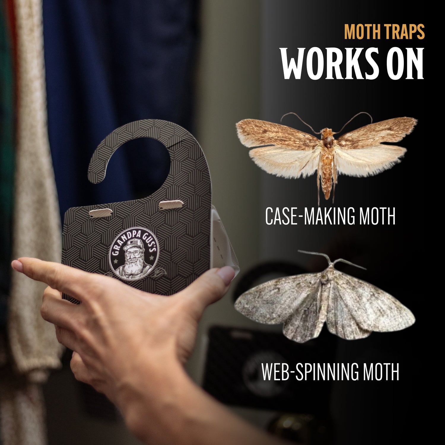 Moth trap with a hand pointing to it, featuring images of moths and text about moth traps on a black background.