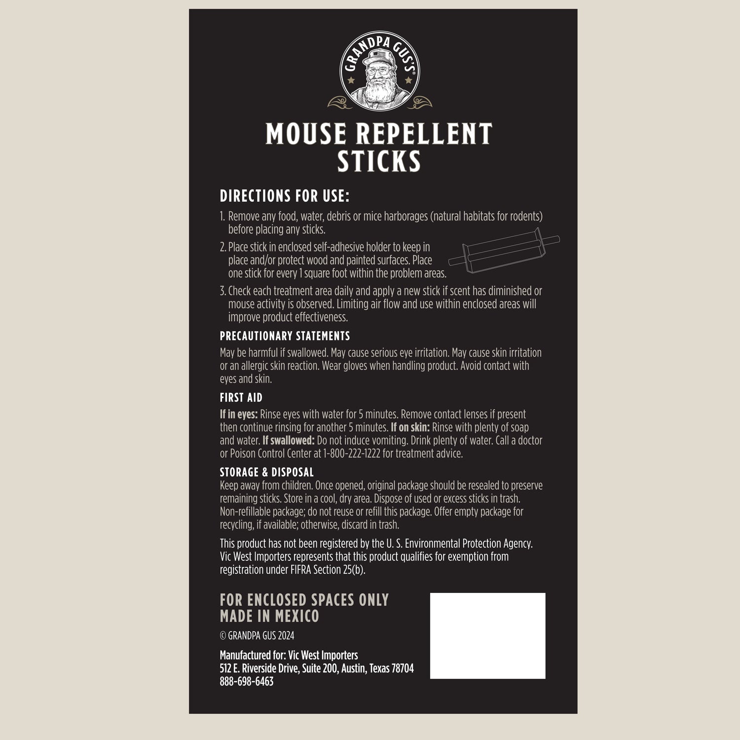 Label for mouse repellent sticks with directions and branding on a black background