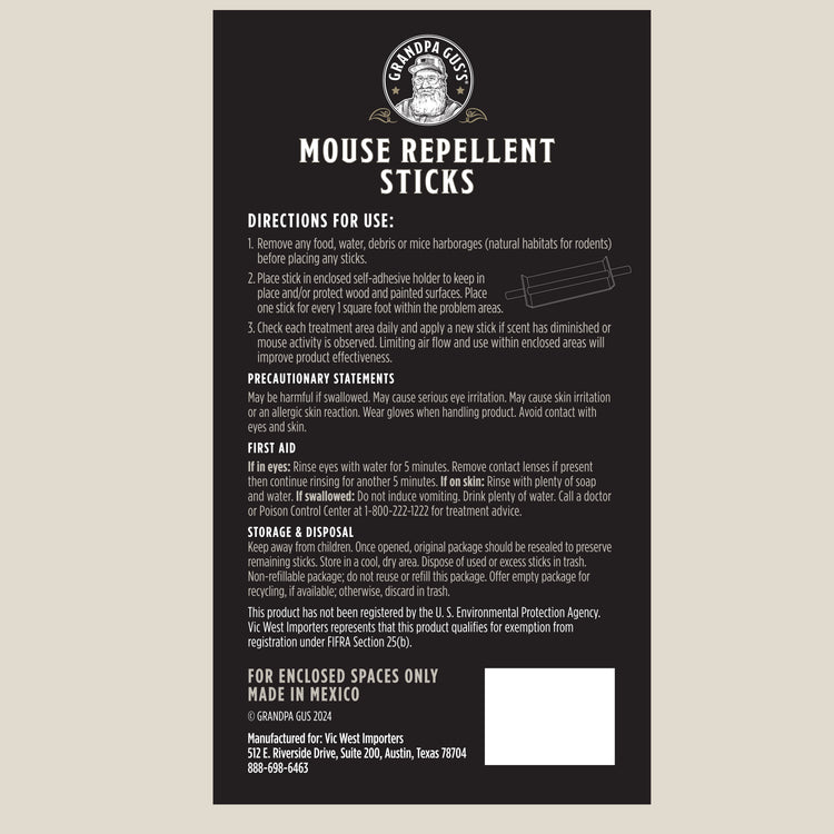 Label for mouse repellent sticks with directions and branding on a black background