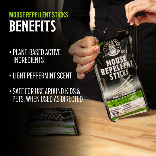 Package of Grandpa Gus' Mouse Repellent Sticks with branding and product details.