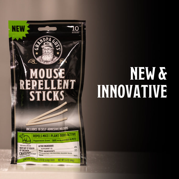 Package of Grandpa Gus' Mouse Repellent Sticks with branding and product details on a dark background.