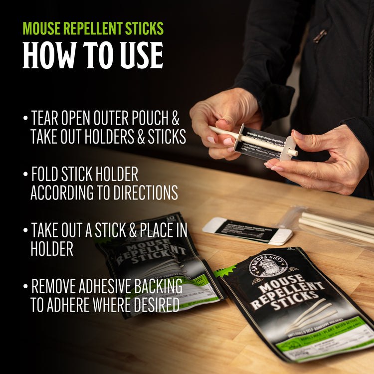Instructions on how to use mouse repellent sticks with a person holding a stick and packaging on a table.