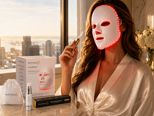 A woman in a satin robe uses a white LED light therapy face mask with red glowing edges while holding a syringe applicator. A box, pouch, and bottle of NuViolet LumiWave skincare are displayed on a marble counter in front of a city window.