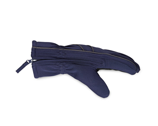 Pair of navy blue gloves with black lining on a white background
