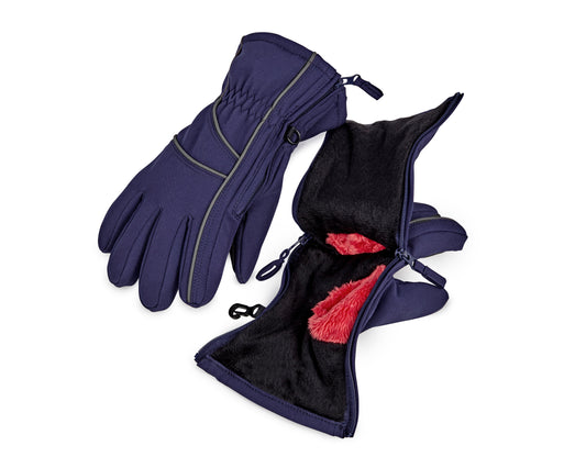 Pair of navy blue gloves with black lining on a white background