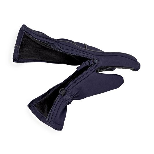 Pair of navy blue gloves with black lining on a white background