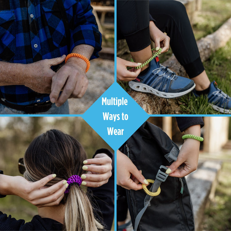 Collage of a person wearing colorful hair ties, tying shoes, and using a hair tie on a log.