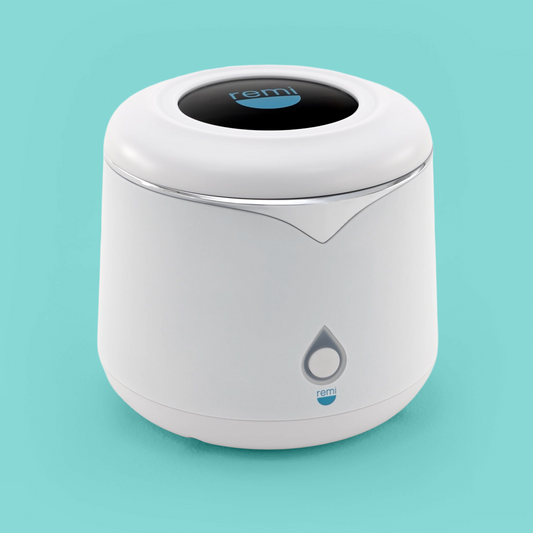 White electronic device with 'remi' branding on a teal background