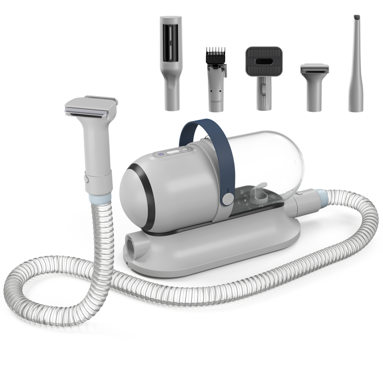 Dog grooming tool set with central device and attachments on a white background