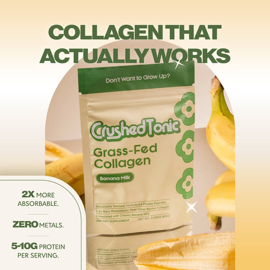 Package of Crushed Tonic Grass-Fed Collagen Banana Milk on a white background
