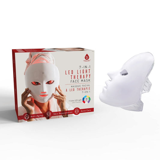 LED light therapy face mask with packaging on a white background
