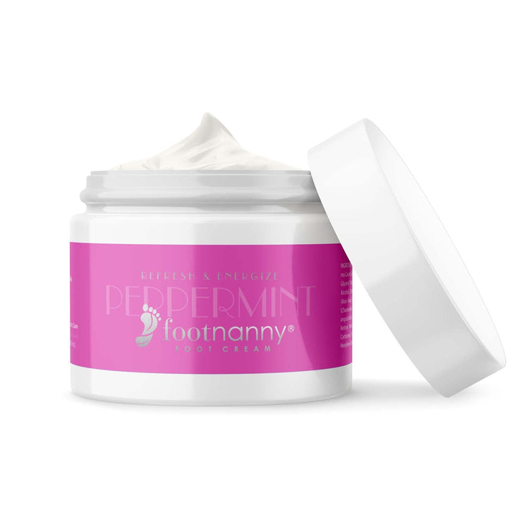 Jar of Peppermint Footnanny foot cream with pink label on a white background