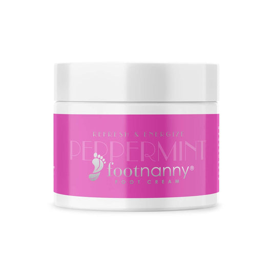 Jar of Peppermint Footnanny foot cream with pink label on a white background