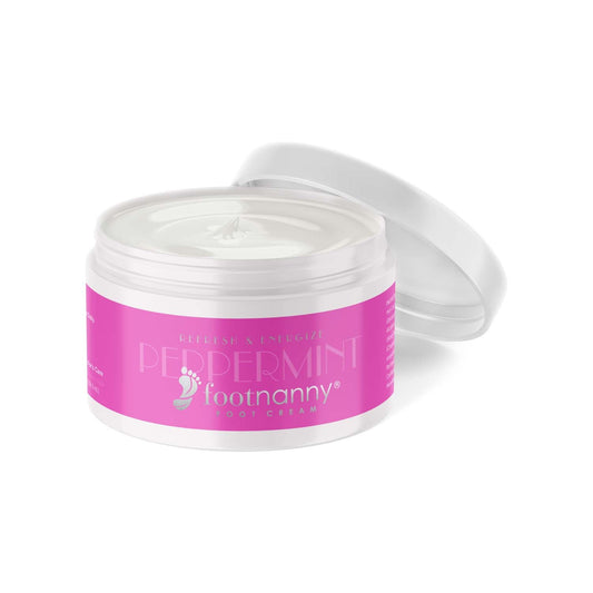 Jar of Peppermint Footnanny foot cream with pink label on a white background